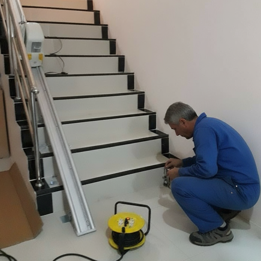 giovanni, tecnico partner montascale amico, mentre lavora all'installazione di un servoscala a pedana per scale dritte
