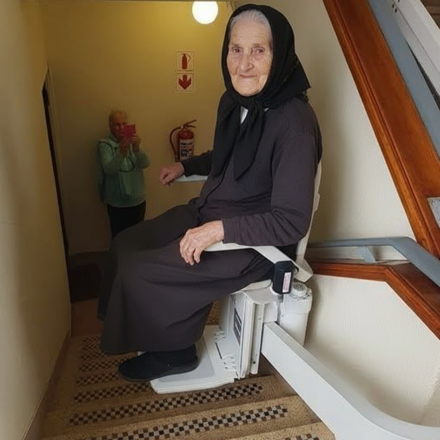 La Signora Oriana sul suo nuovo montascale a poltroncina per scale curve